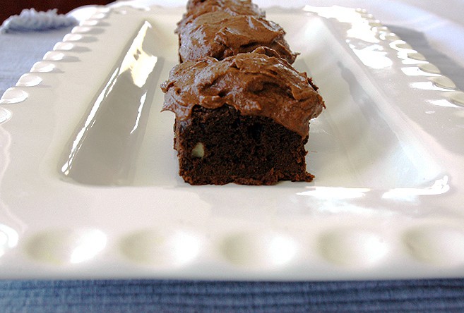 Close-up of Frosted Brownies in a platter