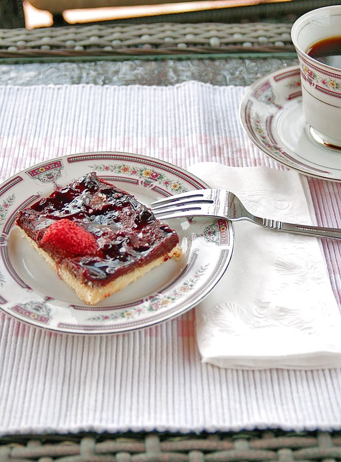 Chocolate Strawberry Cookie Bar on a plate with fork