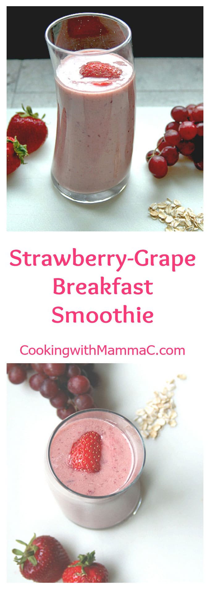 pinnable collage of strawberry smoothie with grapes