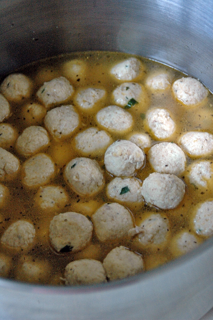 overhead view of Chicken Meatball Soup in a pot