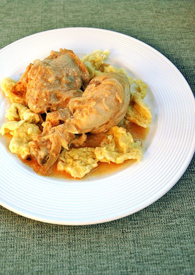 overhead photo of hungarian chicken paprikash with dumplings 