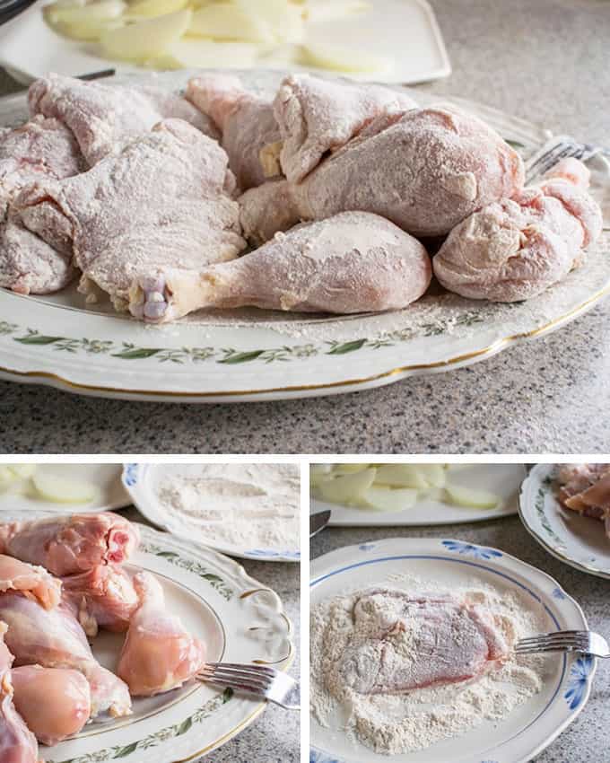 Photo collage of process of flouring chicken thighs and drumsticks for Hungarian Chicken Paprikash with Dumplings