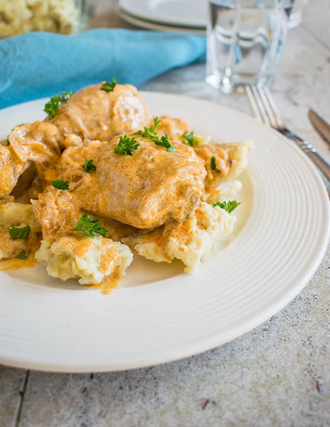 Photo of plate of Hungarian Chicken Paprikash with Dumplings