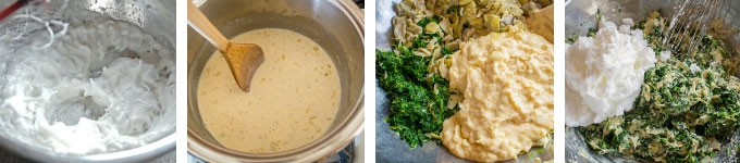 collage showing a pot with combined spinach souffle ingredients and Spinach and Artichoke