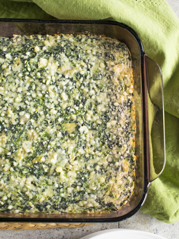 Photo of glass pan of Creamed Spinach Souffle with Artichokes
