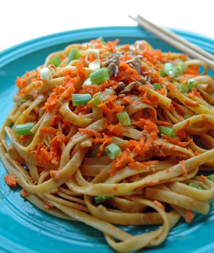 Fettuccine with Peanut Sunflower Sauce on a plate