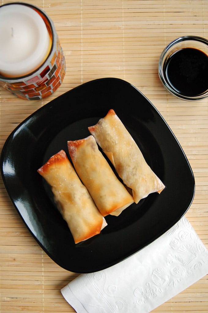 overhead view of Crispy Mushroom Onion Feta Rolls on a plate