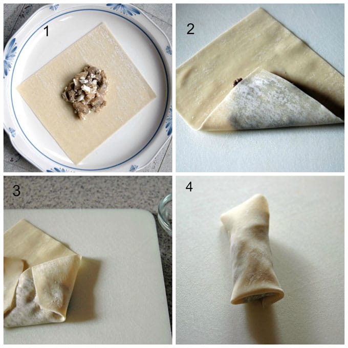 Collage showing how to roll a Crispy Mushroom Onion Feta Roll