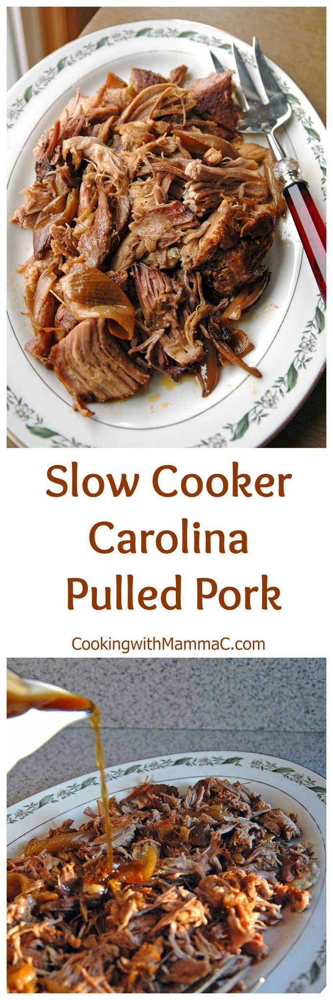 two photo collage of slow cooker Carolina pulled pork 