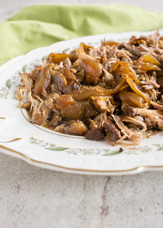 close-up photo of slow cooker Carolina pulled pork on a platter