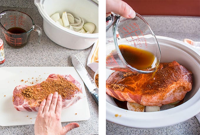 two-photo collage showing brown sugar rub being put on the pork and then liquid smoke being poured over it in a crock pot 