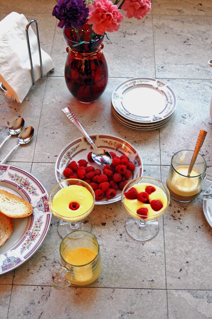 overhead view of Breakfast Zabaglione with Berries and Espresso with ingredients