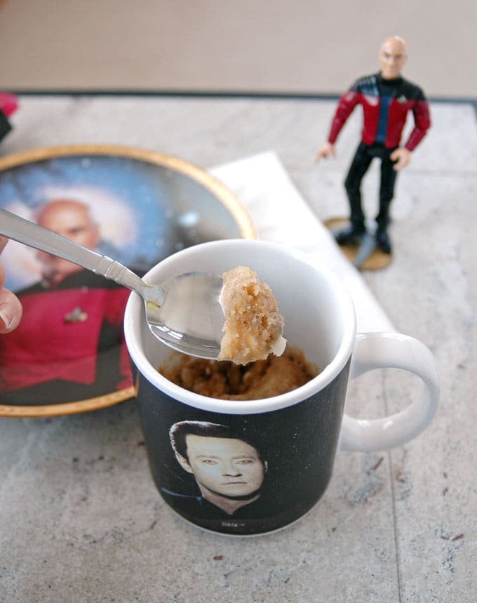 White Chocolate Macadamia and Coconut Mug Cookie with spoon