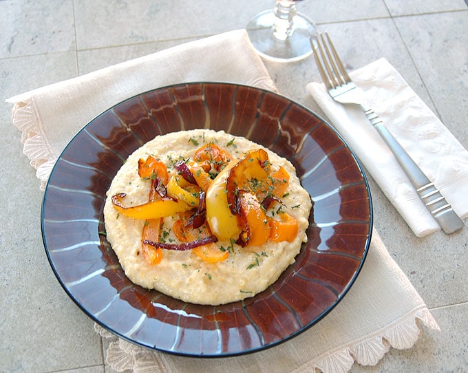 overhead view of Creamy Parmesan Polenta in a bowl