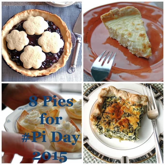 Collage of pies, the words \"8 Pies for Pi Day\"