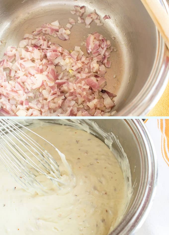 photo collage showing how to make sauce for asiago spinach and artichoke dip 