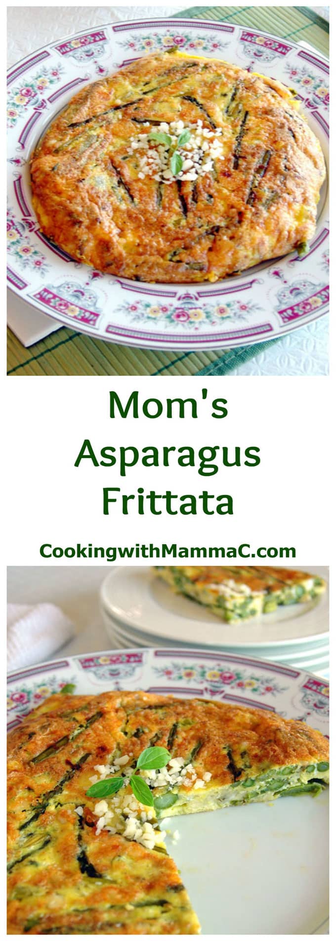 the words \"Mom\'s Asparagus Frittata\" separating 2 photos of it