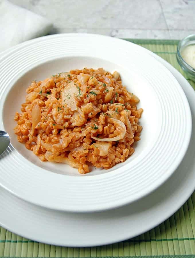 One Pot Farro with Cauliflower and Onions in a bowl
