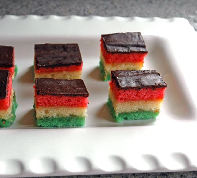 frontal view of layered rainbow cookies