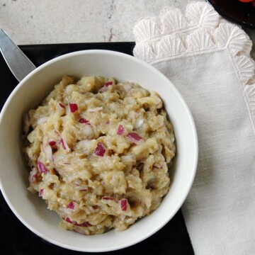 overhead view of Roasted Eggplant Dip in a bowl