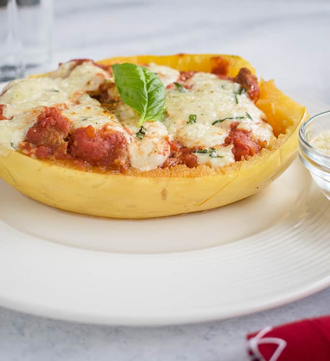 Photo of plate with spaghetti squash lasagna boat