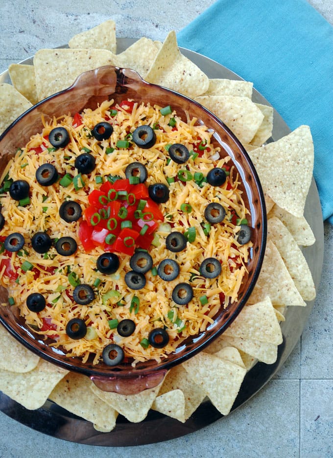 overhead view of 7-Layer Taco Dip and tortilla chips