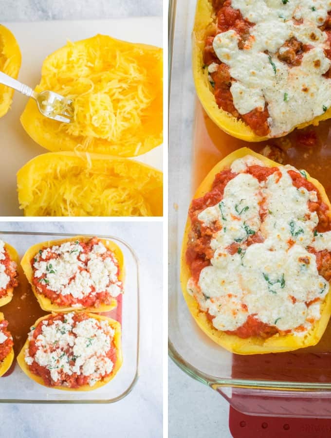 Collage of fluffing spaghetti squash, filled squash and baked Spaghetti Squash Lasagna Boats