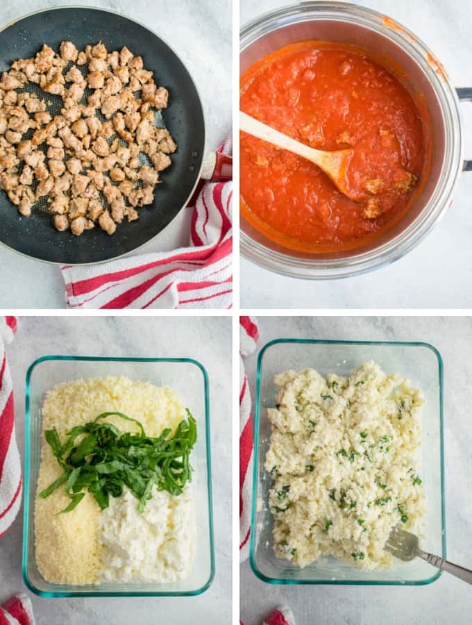 Collage of sausage, sausage tomato sauce, and cheese filling for spaghetti squash lasagna boats