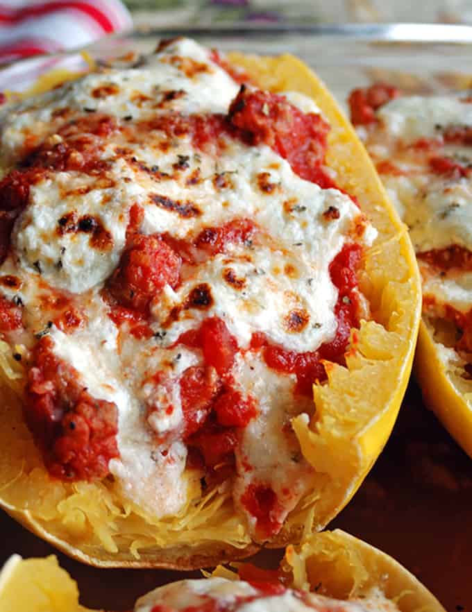 close-up photo of spaghetti squash lasagna boat 