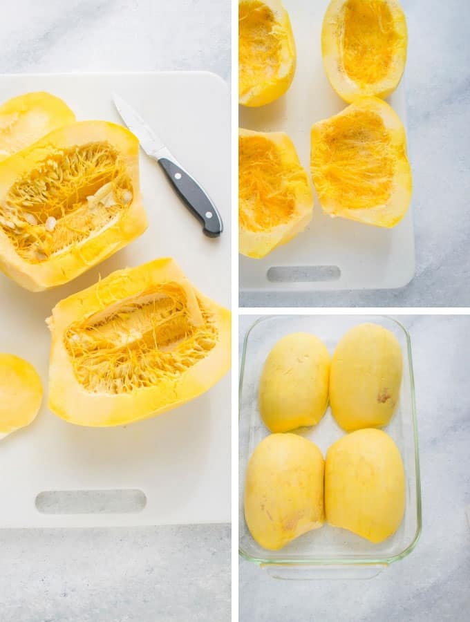 Collage of spaghetti squash halves on cutting board and in glass pan