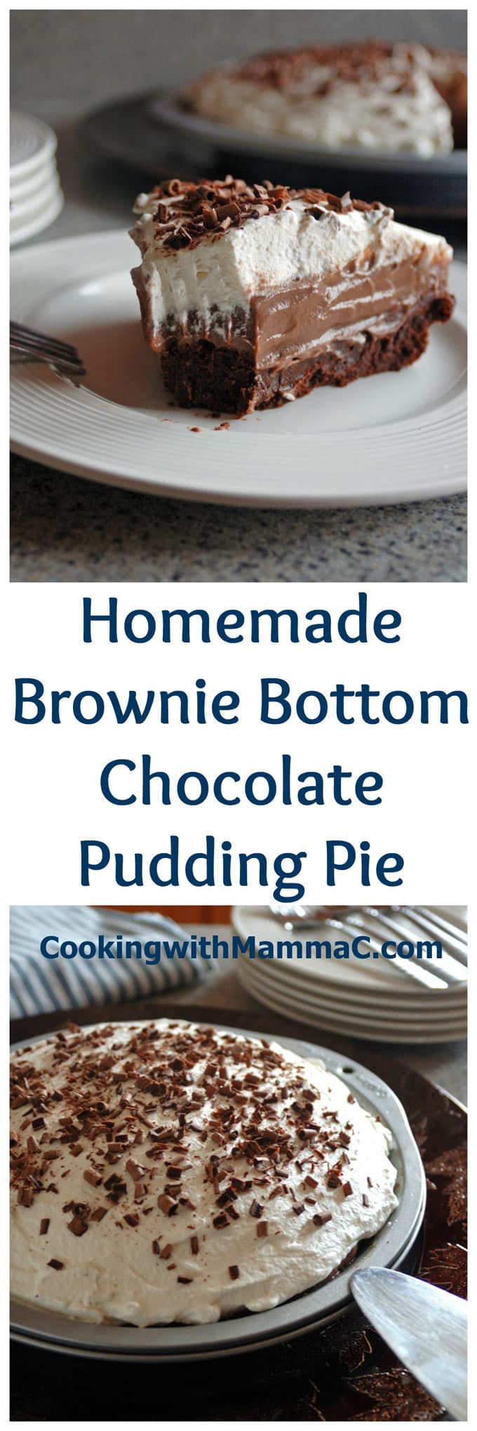 Pinnable collage image of chocolate pudding pie with whipped cream 