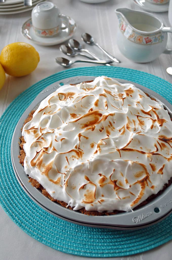 overhead view of Lemon Meringue Pie with Easy Olive Oil Crust in a pie dish