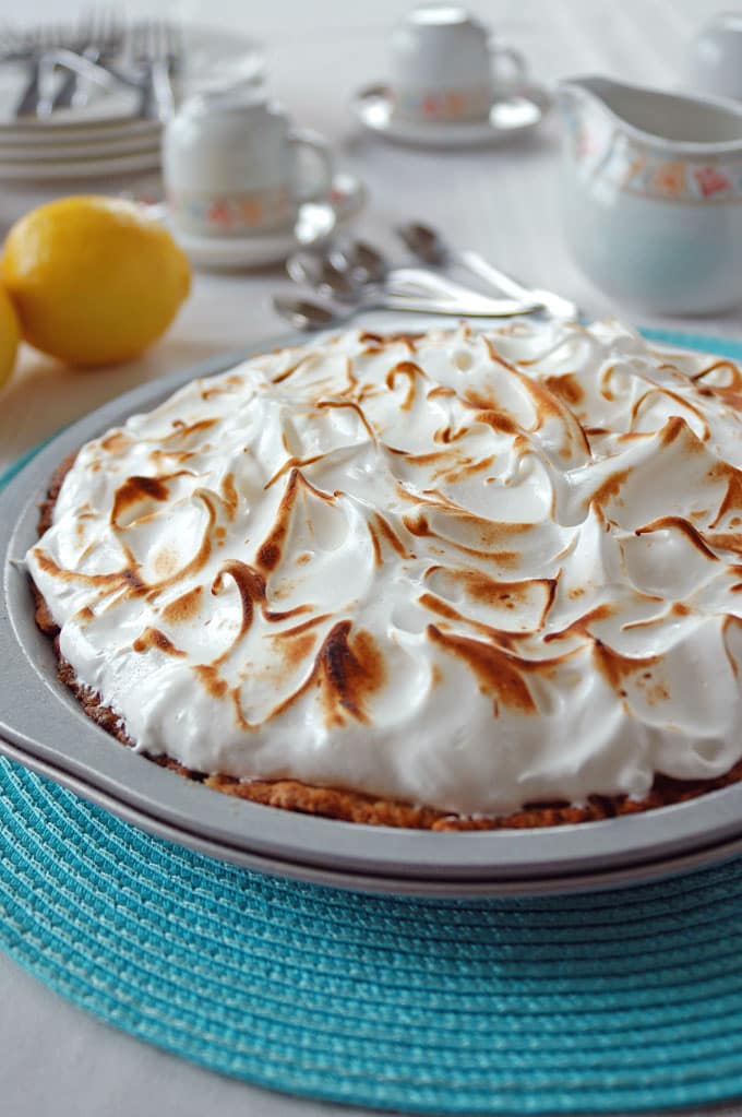 close-up of a pie dish with Lemon Meringue Pie with Easy Olive Oil Crust