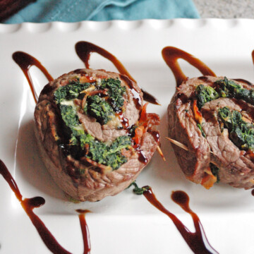 overhead, close-up view of Steak Pinwheels with Bacon, Spinach and Garlic