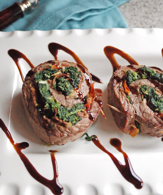 overhead, close-up view of Steak Pinwheels with Bacon, Spinach and Garlic