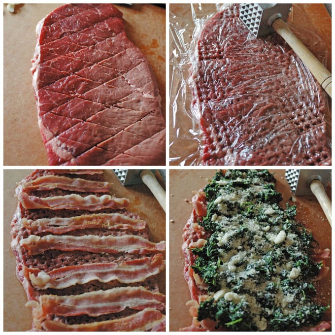 4 photos showing steak, steak being mashed, bacon on smashed steak, spinach and parmesan on top 