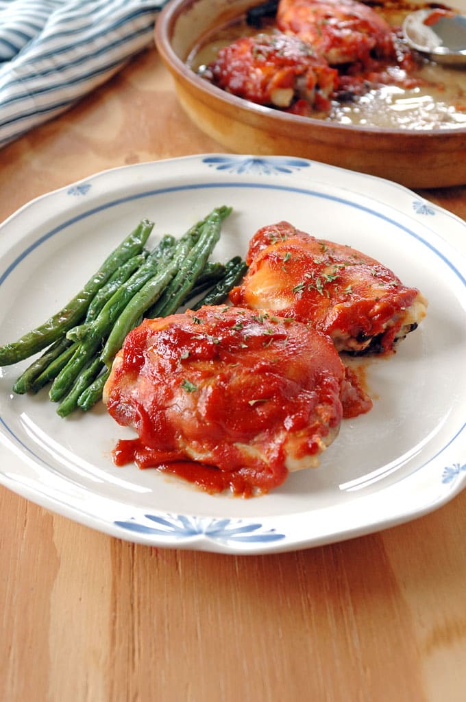 plate of 4-ingredient BBQ Chicken and green beans