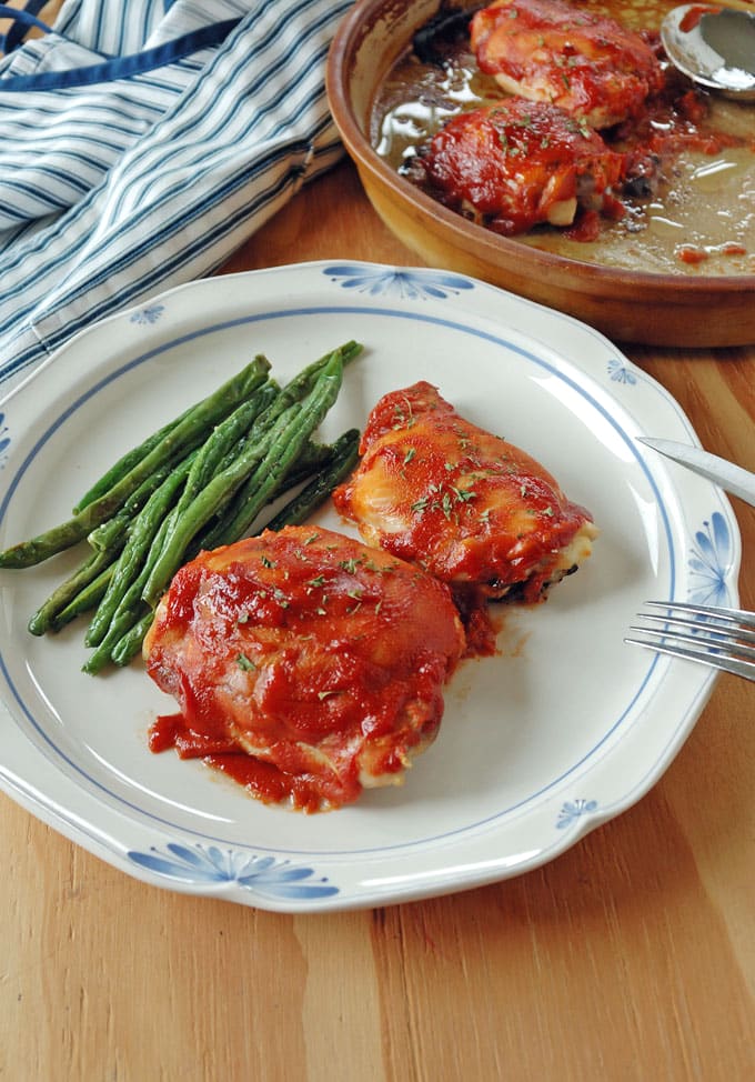 plate with green beans and 4-ingredient BBQ Chicken