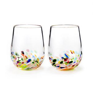 Two stemless confetti wine glasses 