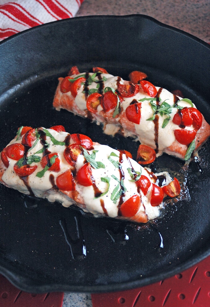 close-up of Salmon Caprese with Balsamic Glaze