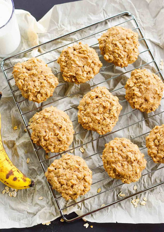 peanut butter banana cookies on a cooling rack 