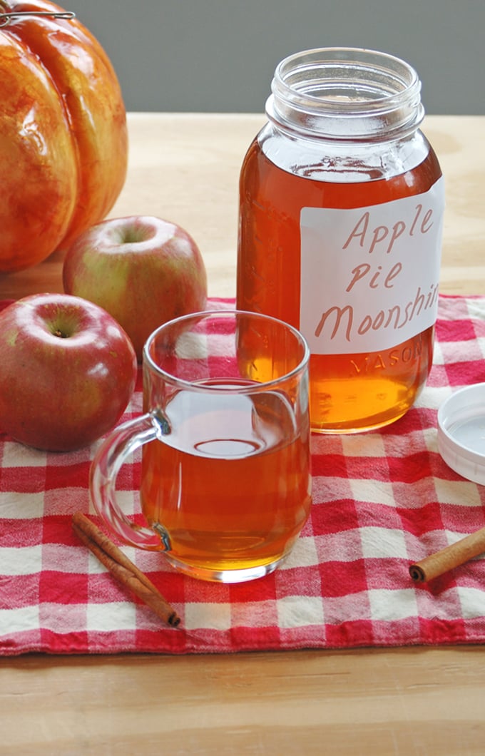 mason jar and mug of apple pie moonshine, apples, cinnamon sticks