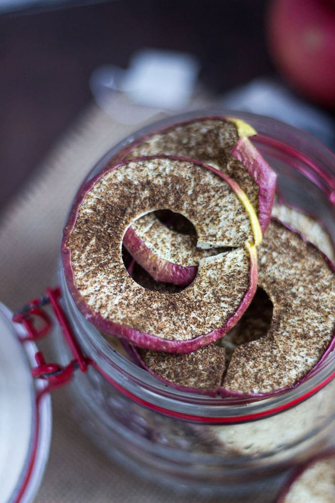 overhead view of Chai spiced apple chips in a mason jar