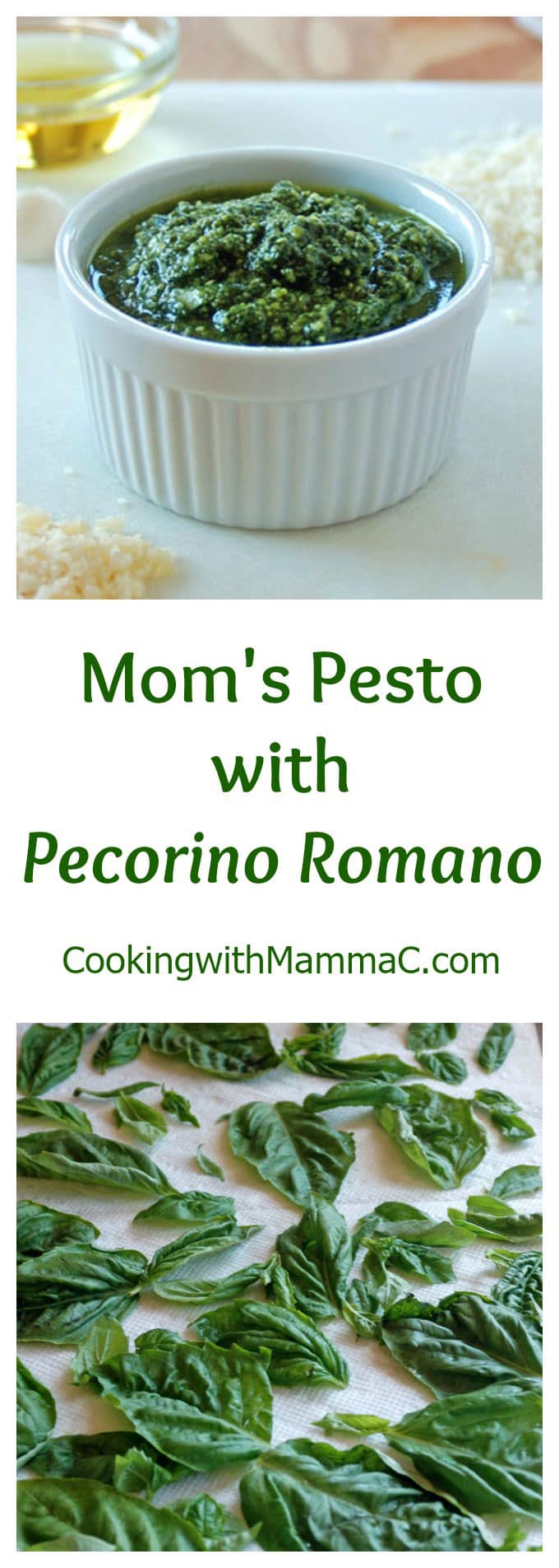 words \"Mom\'s Pesto with Pecorino Romano\" separating two photos of pesto, basil leaves