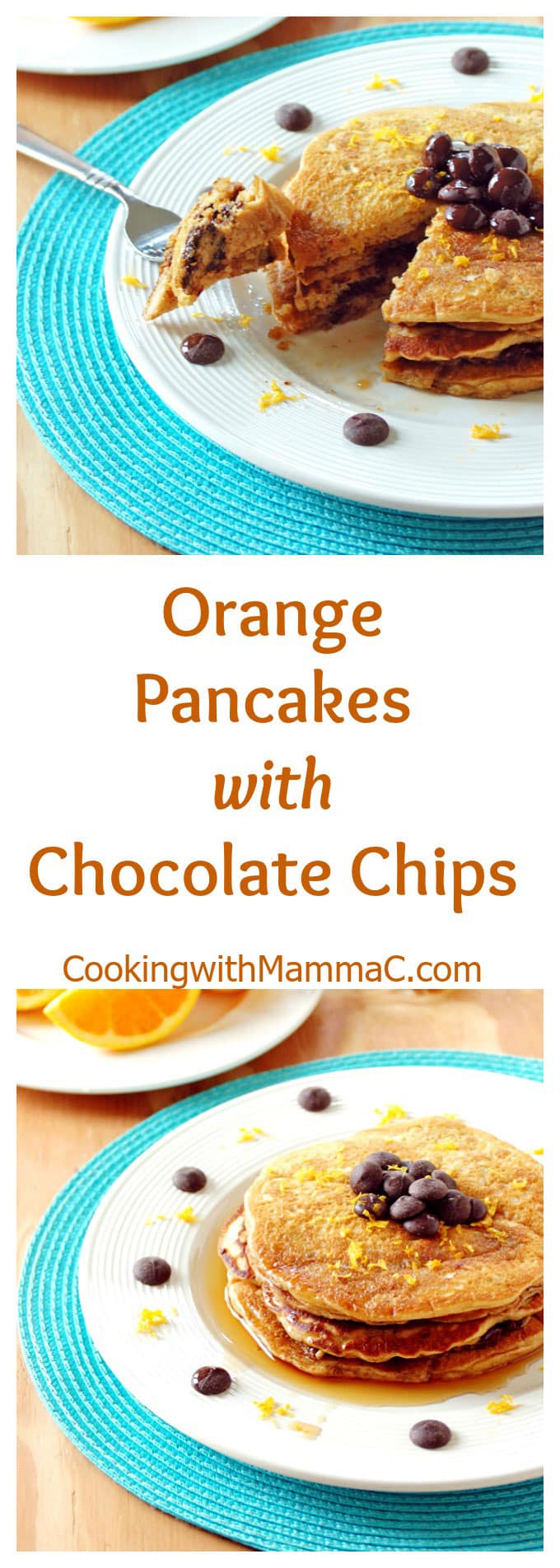 pinnable collage image of chocolate chip pancakes with orange wedges 