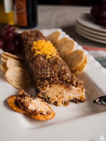 Butter pecan cheese log on a platter with tortilla chips and a pretzel thin