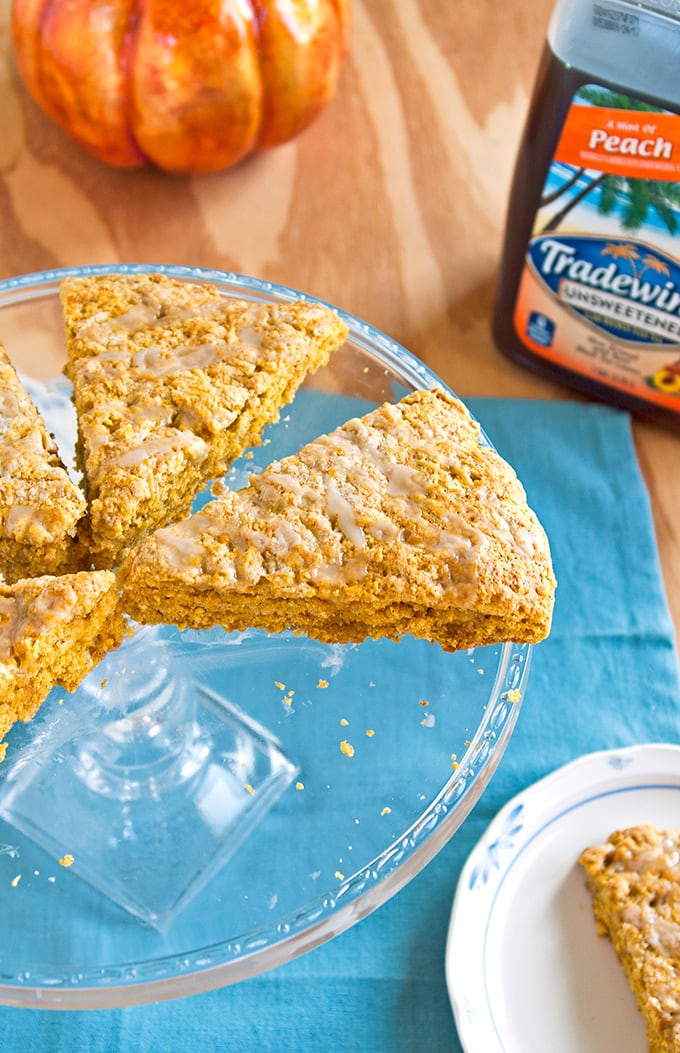 overhead view of Peachy Pumpkin Scones on a cake tray