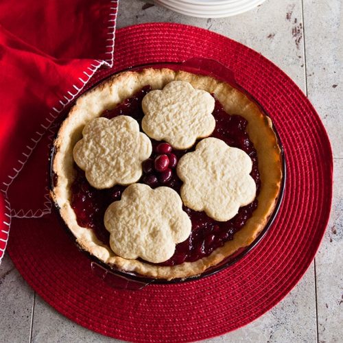 Cranberry Pie with Sugar Cookie Crust in a pie dish