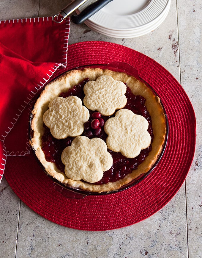 Cranberry Pie with Sugar Cookie Crust in a pie dish