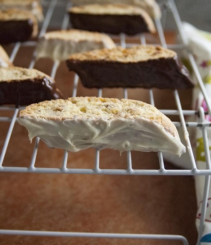 Chocolate-Dipped Hazelnut Biscotti on a cooling rack